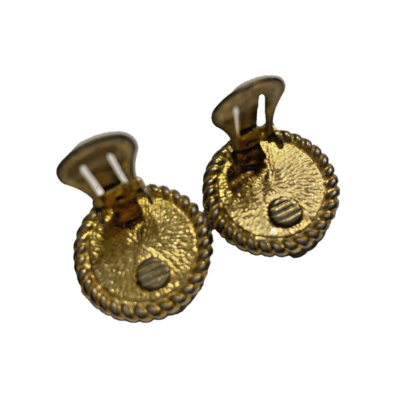 Vintage Mid Century Button Style Clip On Earrings Goldtone Textured Conservative - Picture 3 of 6